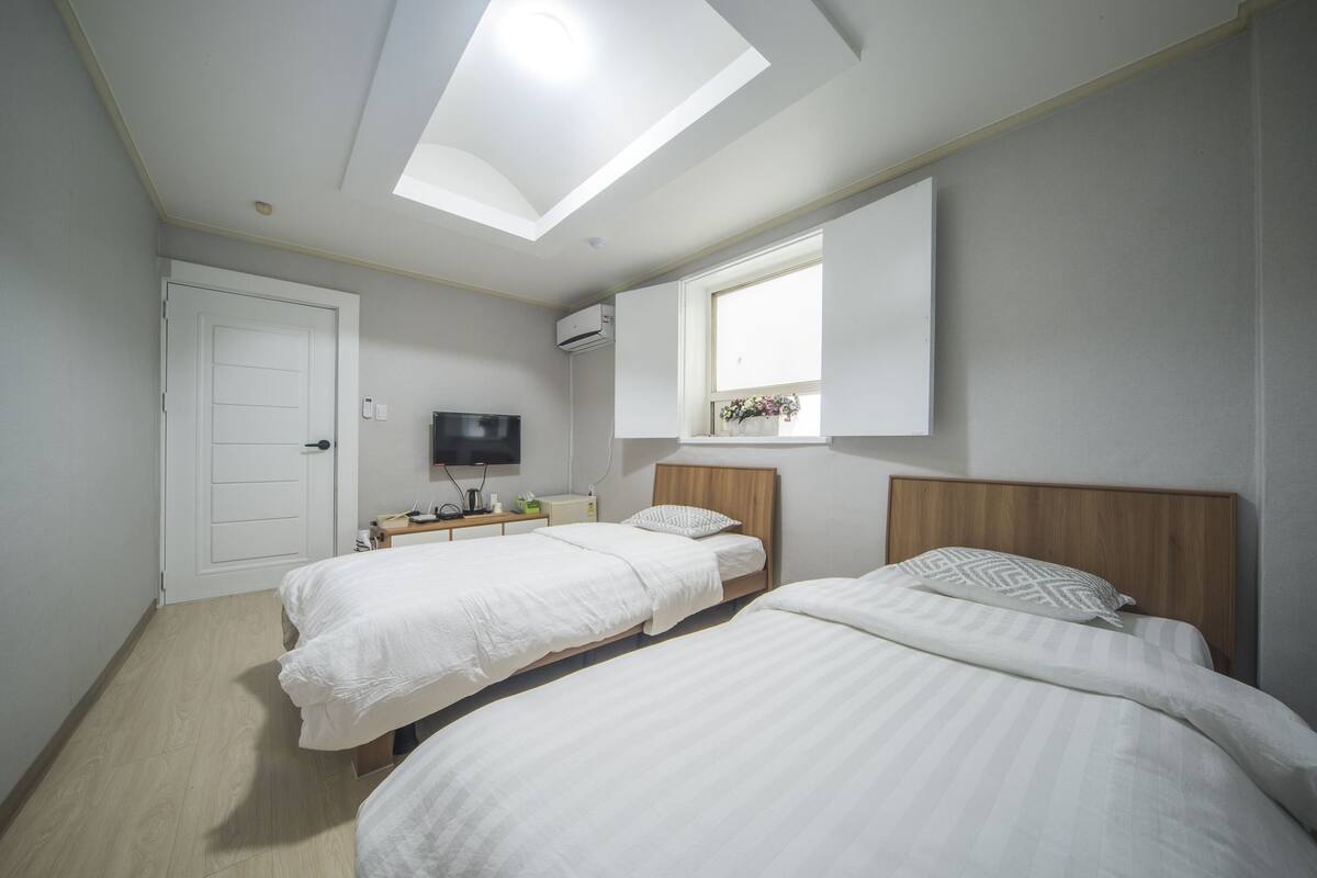 A bedroom with two beds, a skylight, a TV, and a window with flowers.