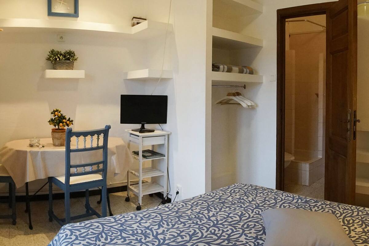 A bedroom with a bed, a desk with a computer, a chair, a wardrobe, and a small table with a plant.