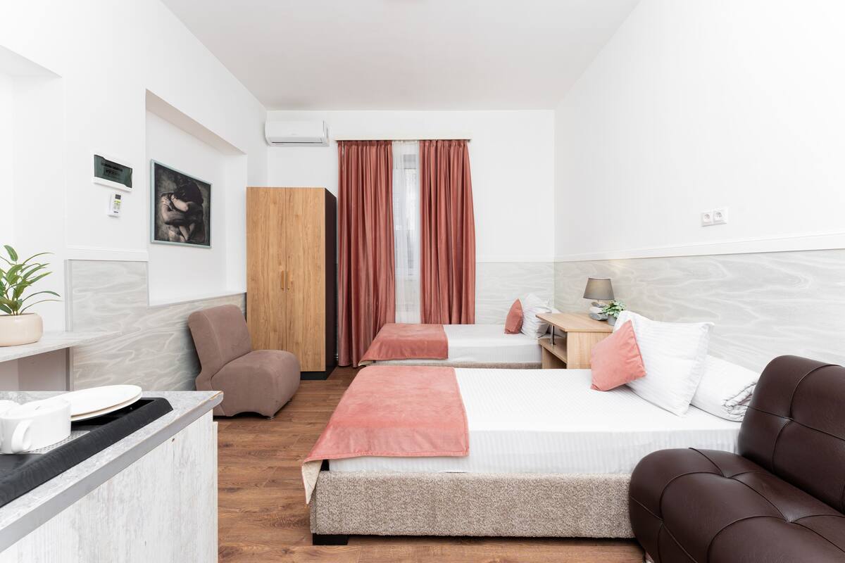 A hotel room with two beds, a desk, a chair, a wardrobe, and a plant.