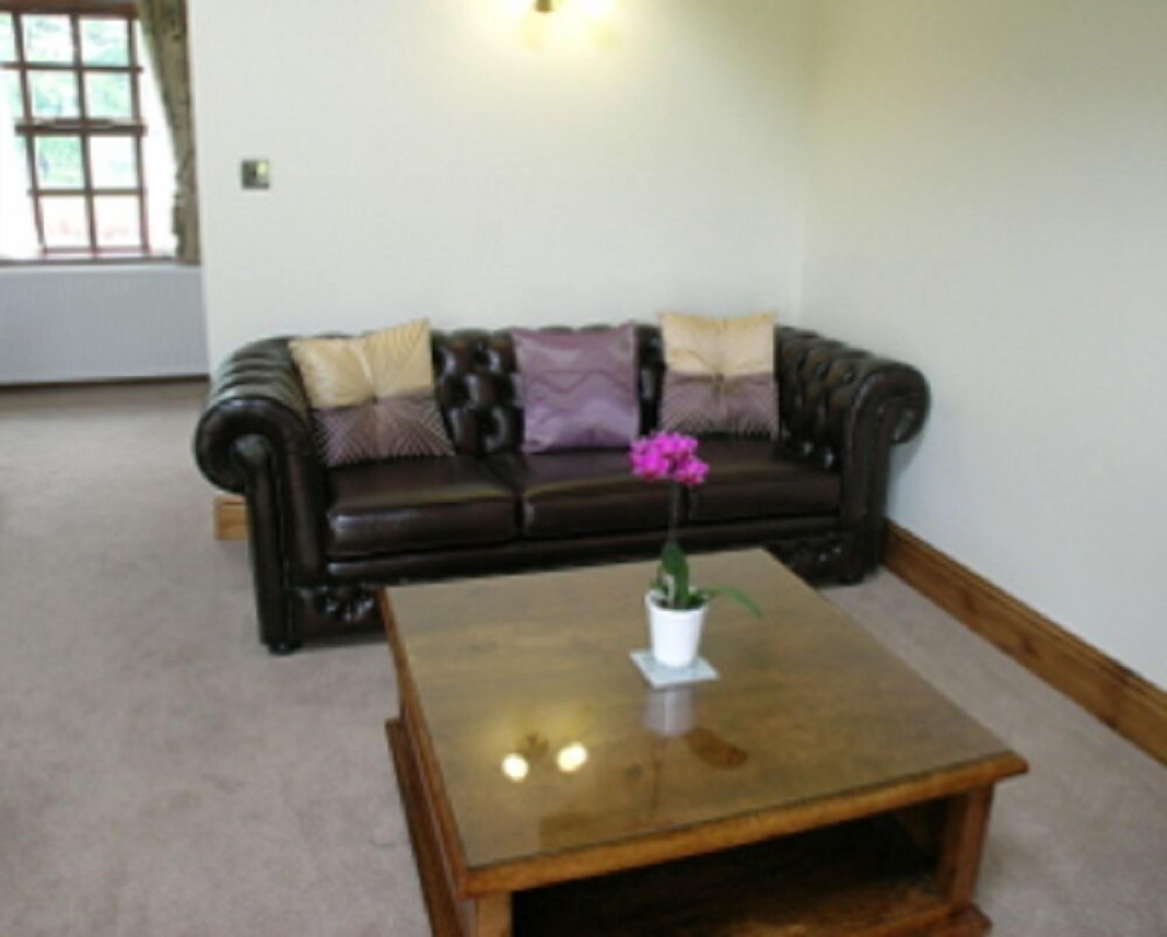 A living room with a dark brown leather sofa, a wooden coffee table with a potted plant, and a window with curtains.