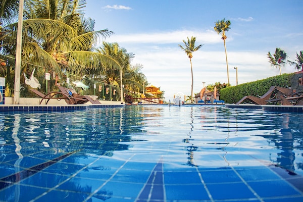 Piscine extérieure, chaises longues