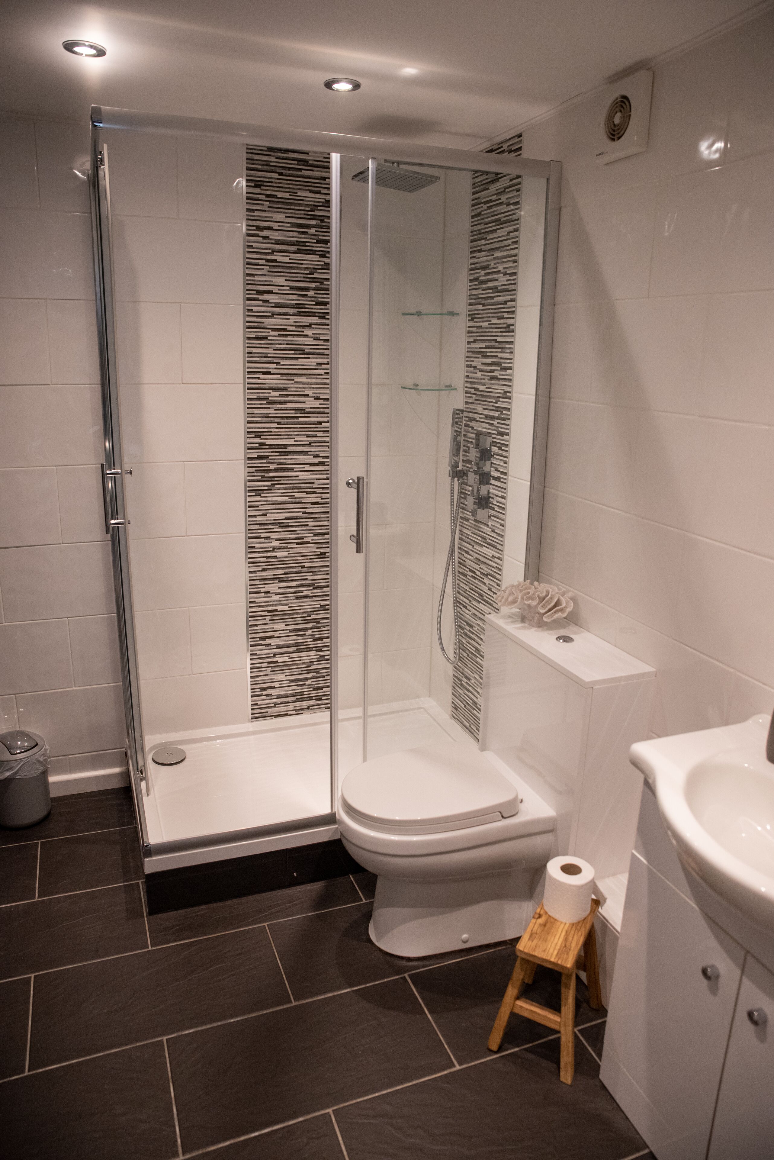 Un baño moderno con ducha envuelta en vidrio, inodoro y lavabo.