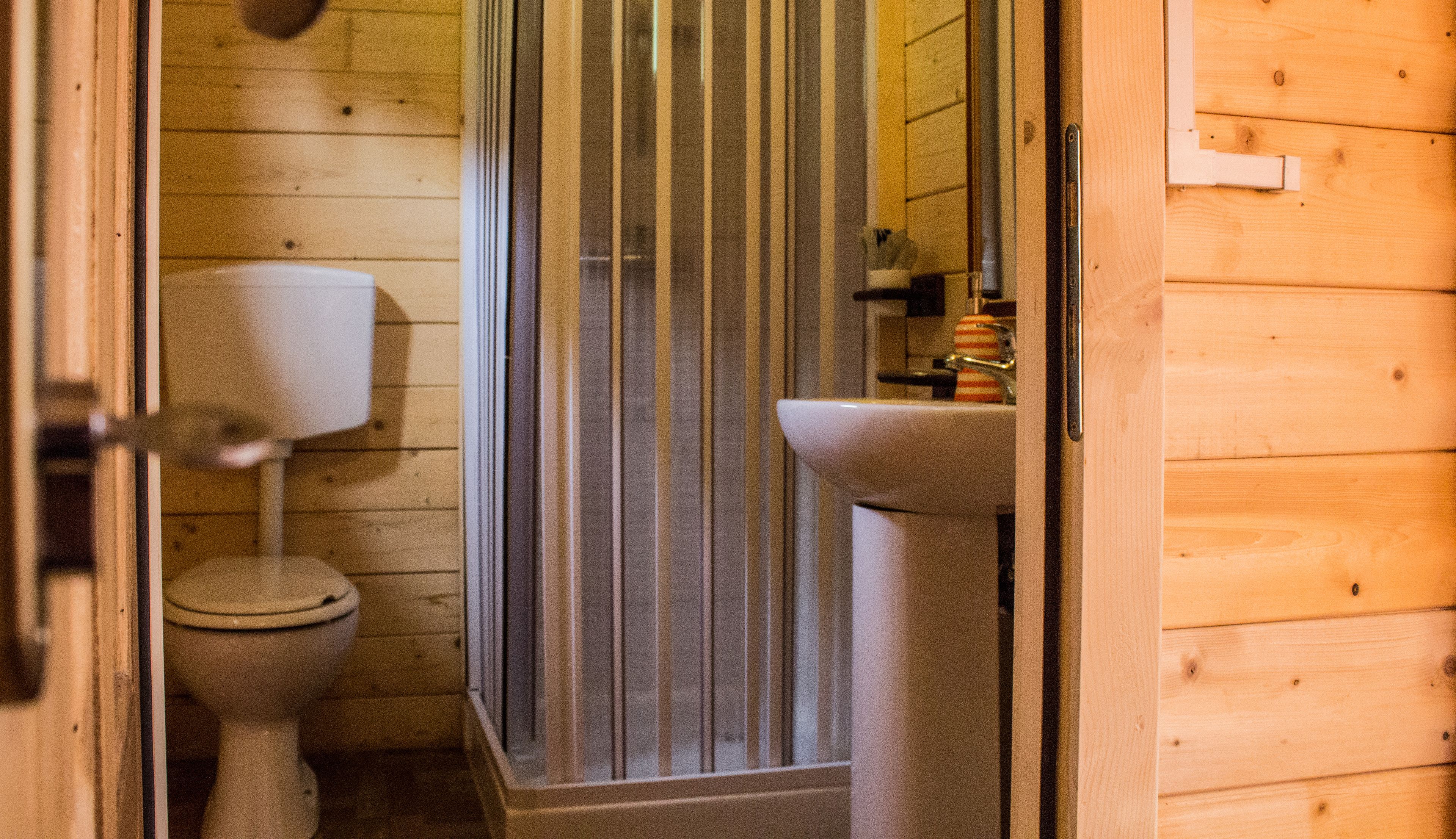 A wooden bathroom with a toilet, a shower, and a sink.