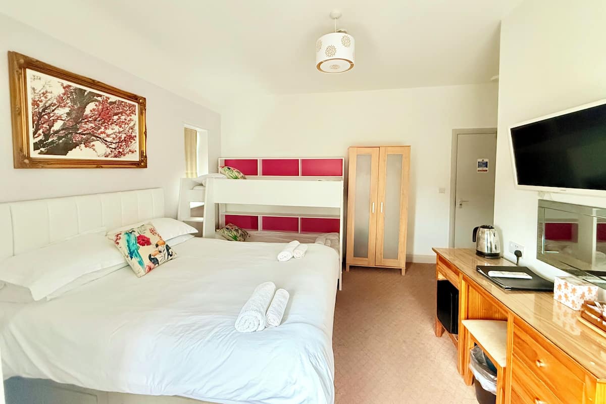 A hotel room with a bunk bed, a desk with a television, a wardrobe, and a painting on the wall.
