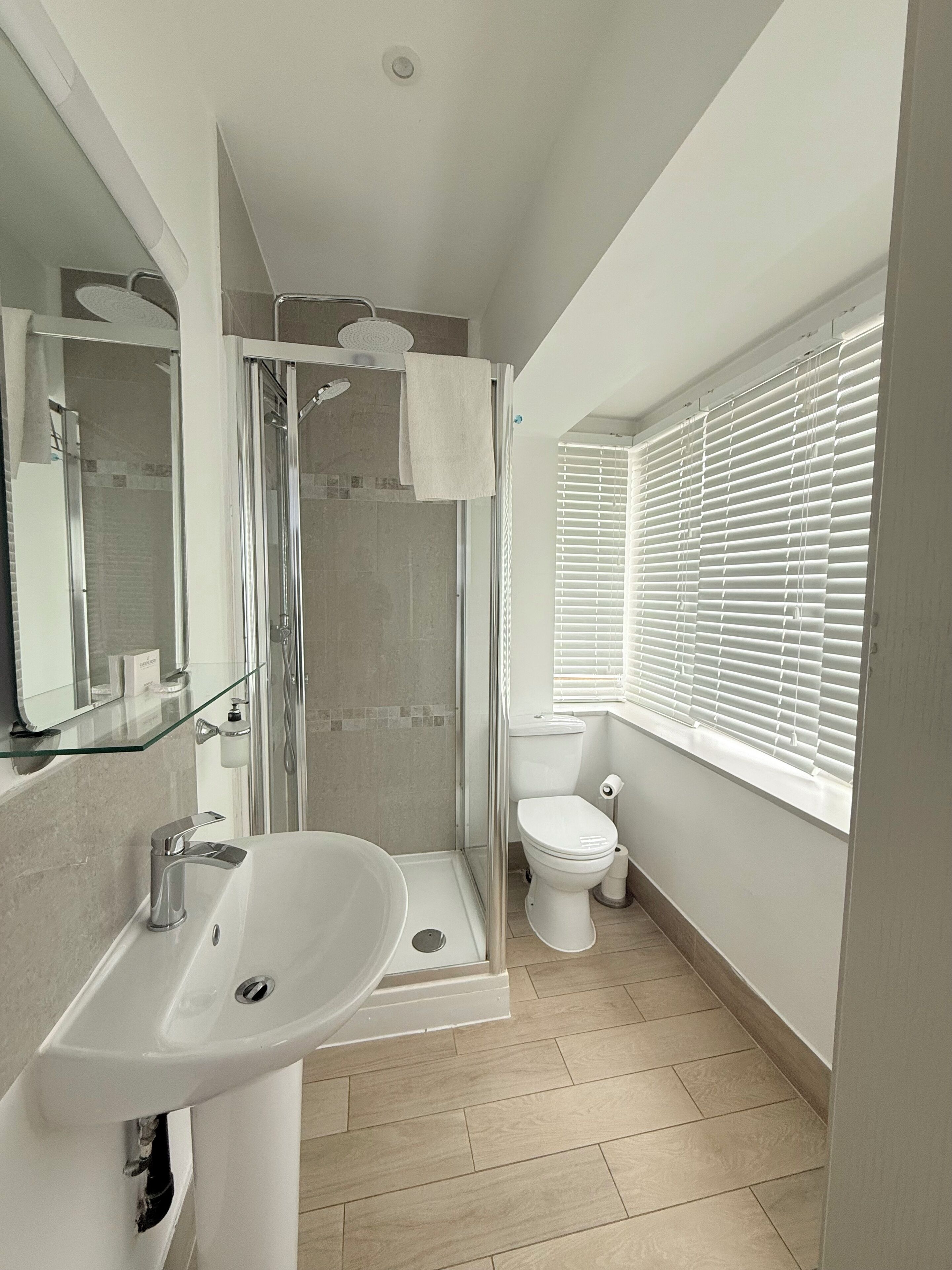 A modern bathroom with a glass shower enclosure, a white sink, and a toilet.