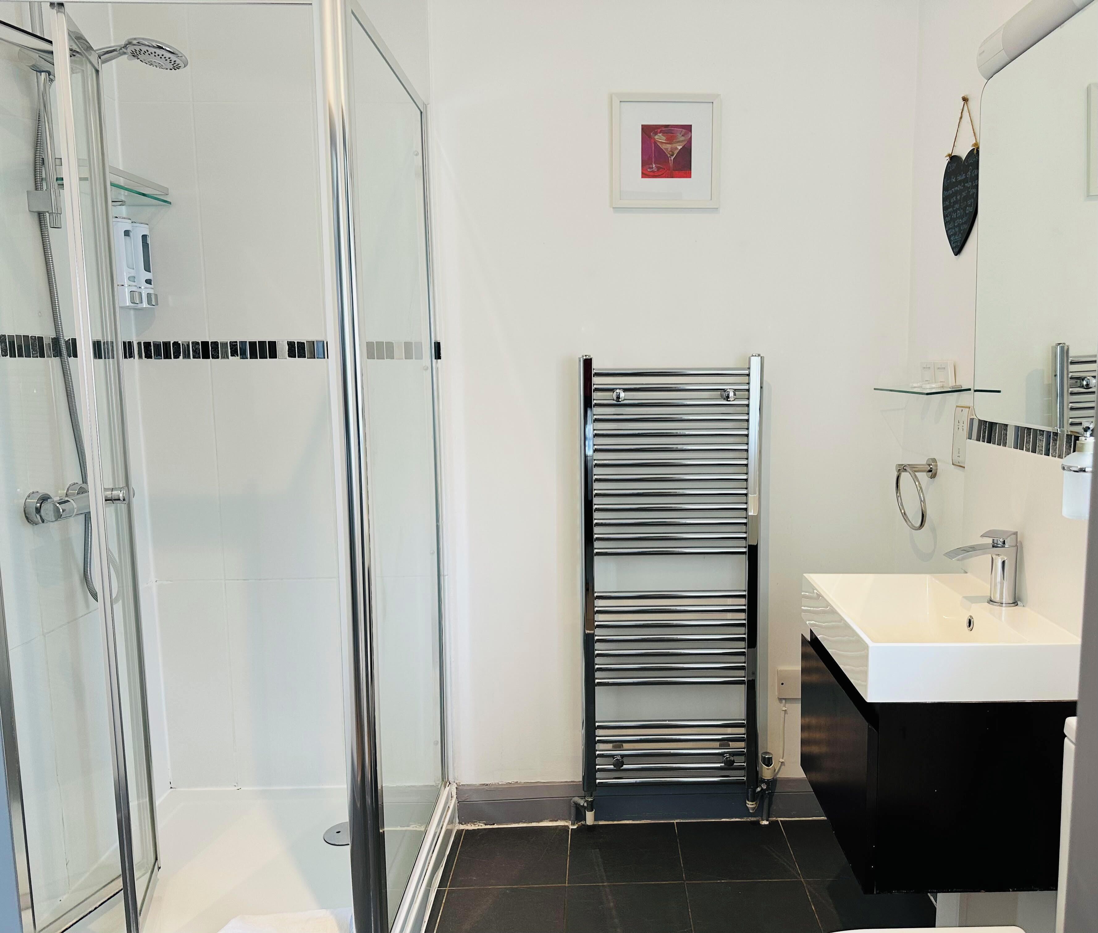 A modern bathroom with a glass shower enclosure, a chrome towel rack, a white sink, and a mirror.