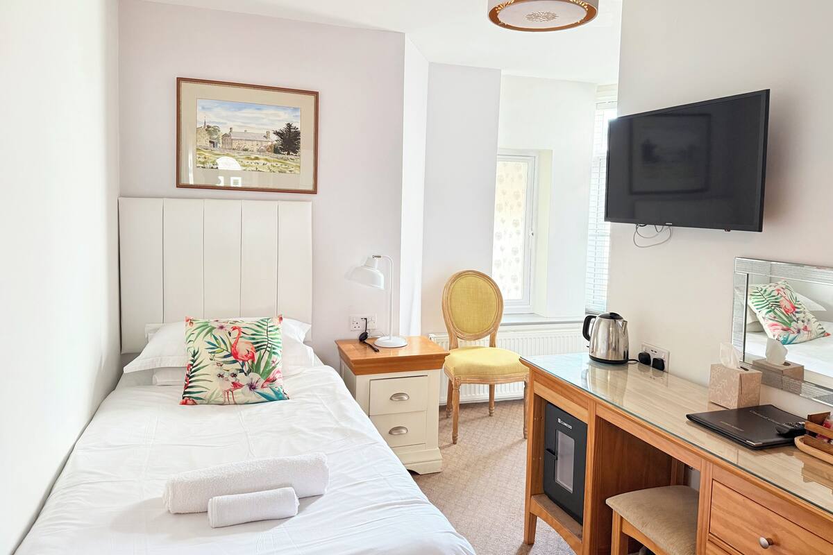 A hotel room with a bed, a desk, a chair, a television, and a window with a view of a building.
