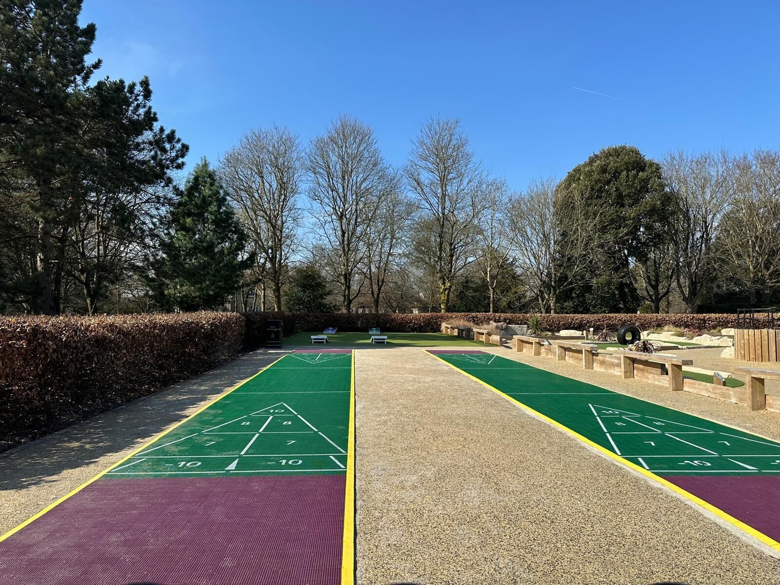 A shuffleboard court with green and purple markings, benches, and trees in the background.