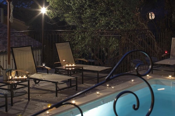 Outdoor pool, pool umbrellas, pool loungers
