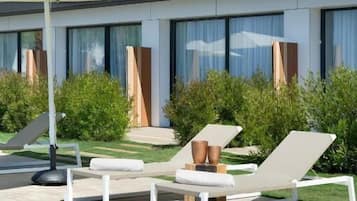 Outdoor pool, pool umbrellas, pool loungers