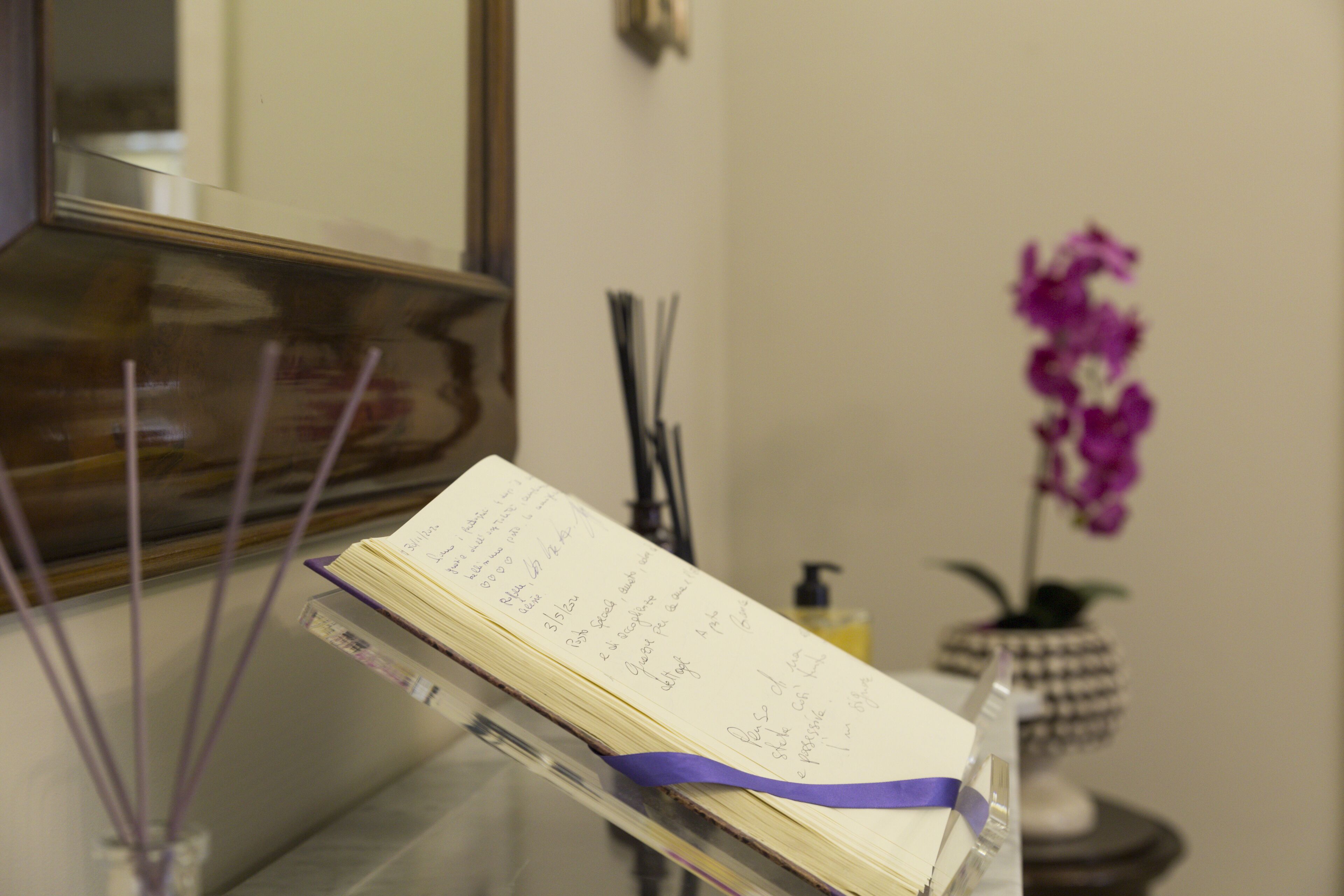 A room with a mirror, a notebook with handwritten notes, a purple ribbon, and a potted orchid.