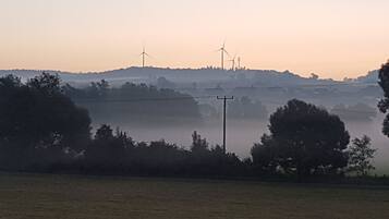 A rural landscape with wind turbines and a misty field.