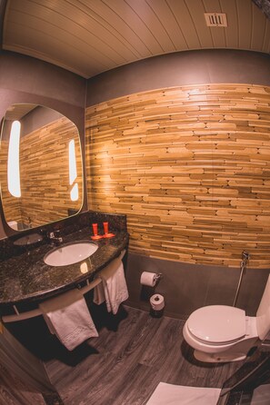 Shower, eco-friendly toiletries, hair dryer, towels
