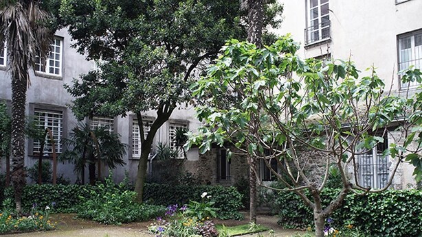 A courtyard with a variety of plants and a fountain. - Hotel Saint Daniel (Nantes)