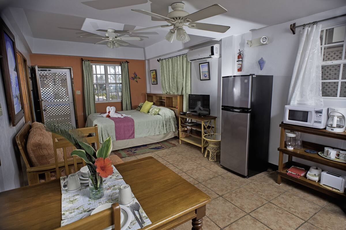 Quarto compacto com cama, mesa de jantar, geladeira e televisão.