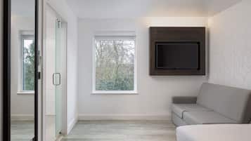 Ein modernes Schlafzimmer mit großem Fenster, einer Couch und einem an der Wand befestigten Fernseher.