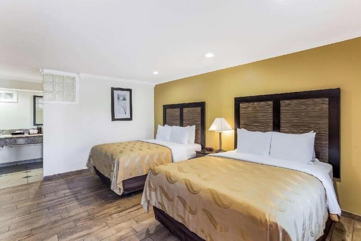 Ein Hotelzimmer mit zwei Betten, Holzboden, einem Badezimmer mit Waschbecken und Spiegel sowie einer Wand in Gelb.