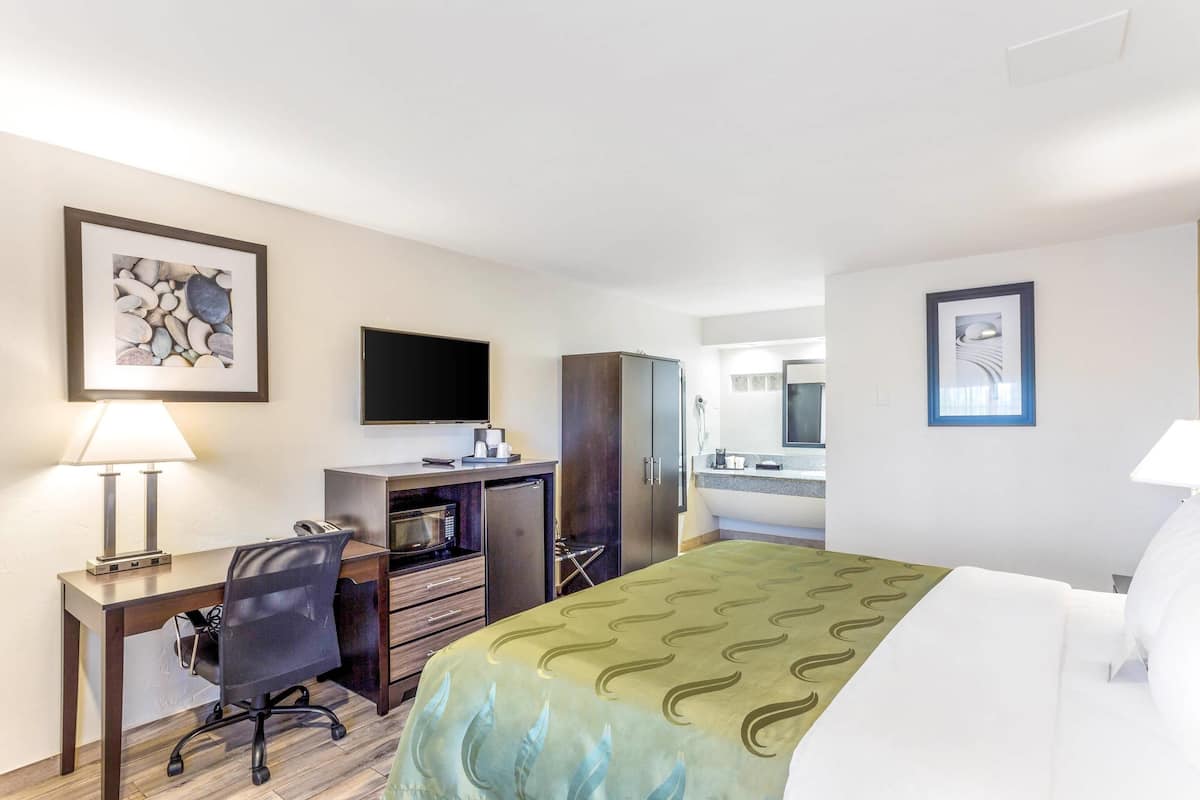 Habitación de hotel con cama, escritorio, silla, televisión, armario y baño a la vista a través de una puerta abierta.
