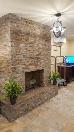 A stone fireplace with a metal fireguard, two potted plants, and a ceiling fan.