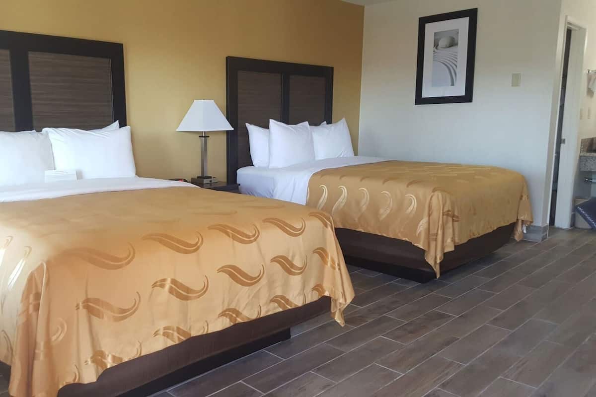 Dos camas matrimoniales con cabeceras, una mesita de noche con lámpara y un cuadro en la pared.