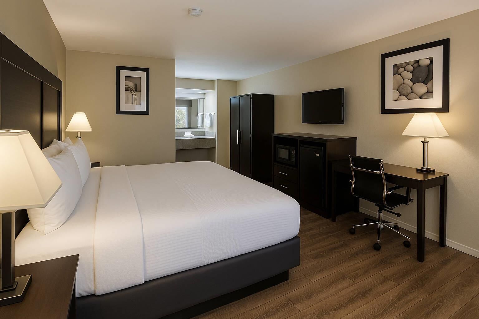 Habitación de hotel con una cama grande, un escritorio con silla, televisión y un cuadro en la pared.