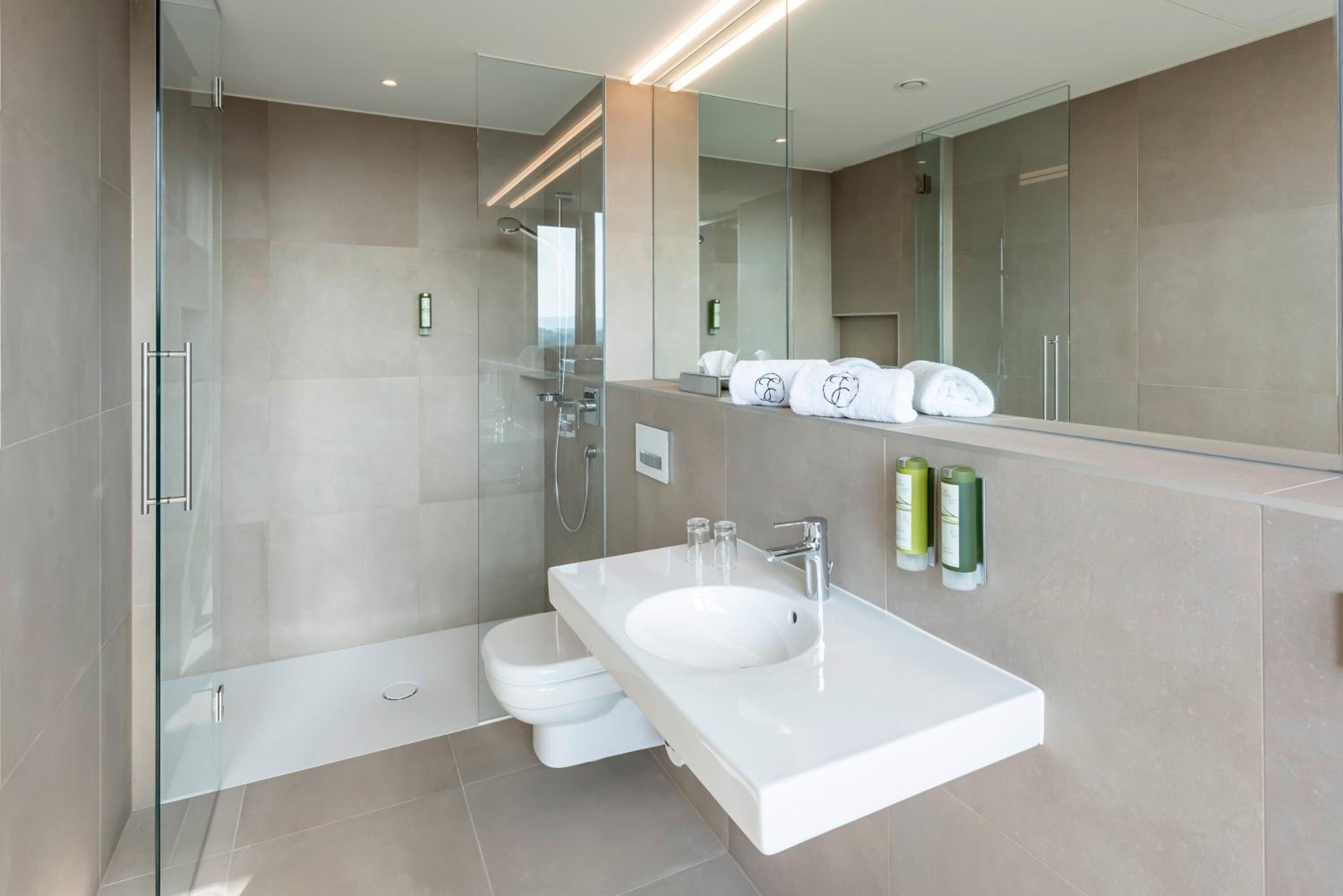 Un baño moderno con cabina de ducha de vidrio, un lavabo blanco y un espejo grande.