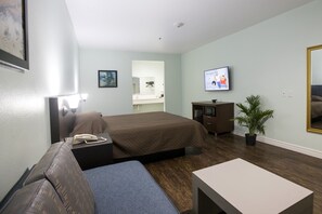 A hotel room with a bed, a sofa, a desk, a TV, a mirror, and a potted plant. - Hotel Bel air (Houston)