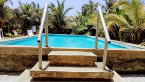 A swimming pool with steps leading up to it, surrounded by palm trees and greenery. - Guacamayo Bed & Breakfast (Máncora)