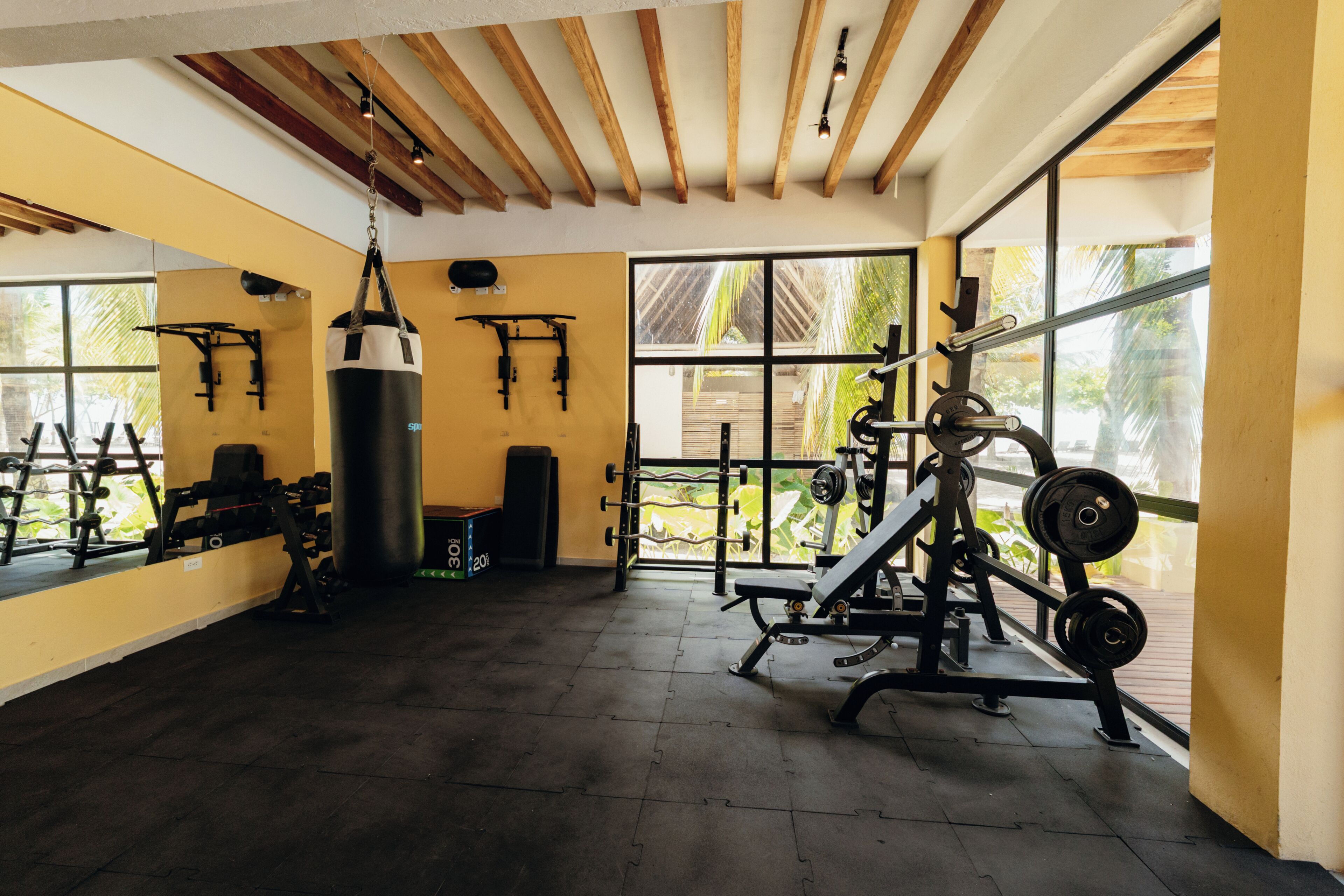 Un gimnasio con equipo de ejercicio, saco de boxeo y amplias ventanas.