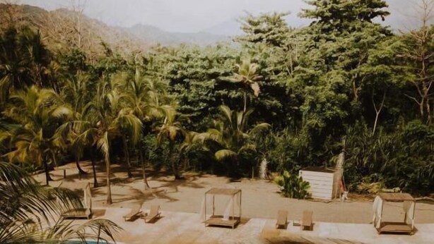 Una piscina a forma di curva, circondata da palme e da un’area sabbiosa con lettini.
