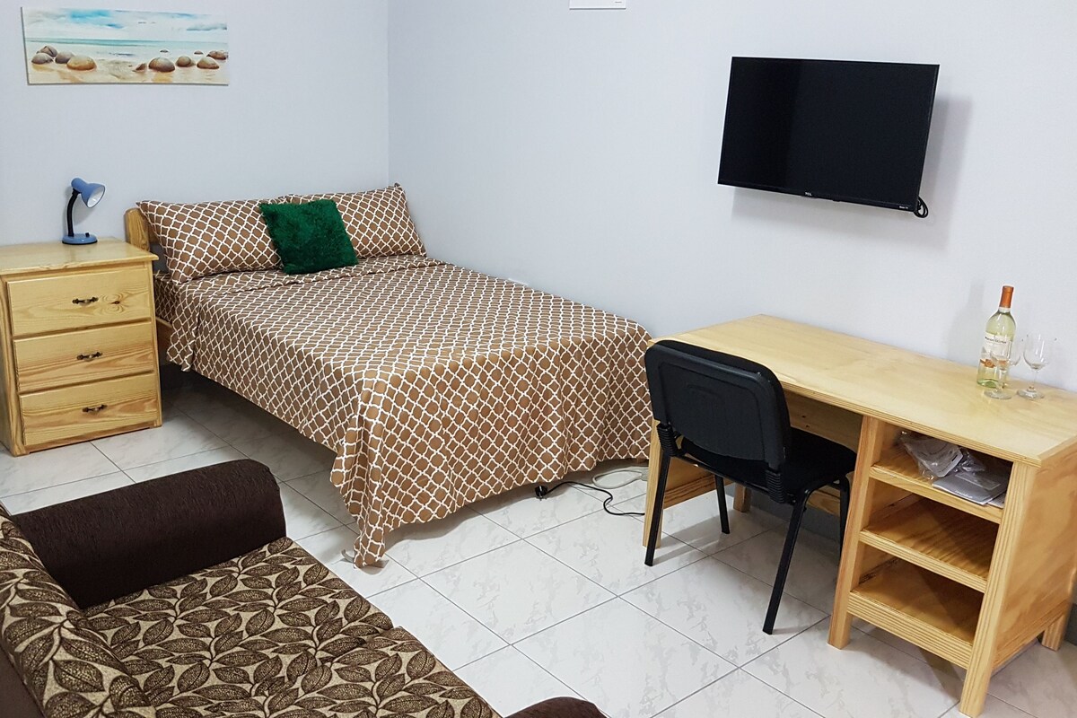 A bedroom with a bed, a desk, a chair, a TV, and a dresser.