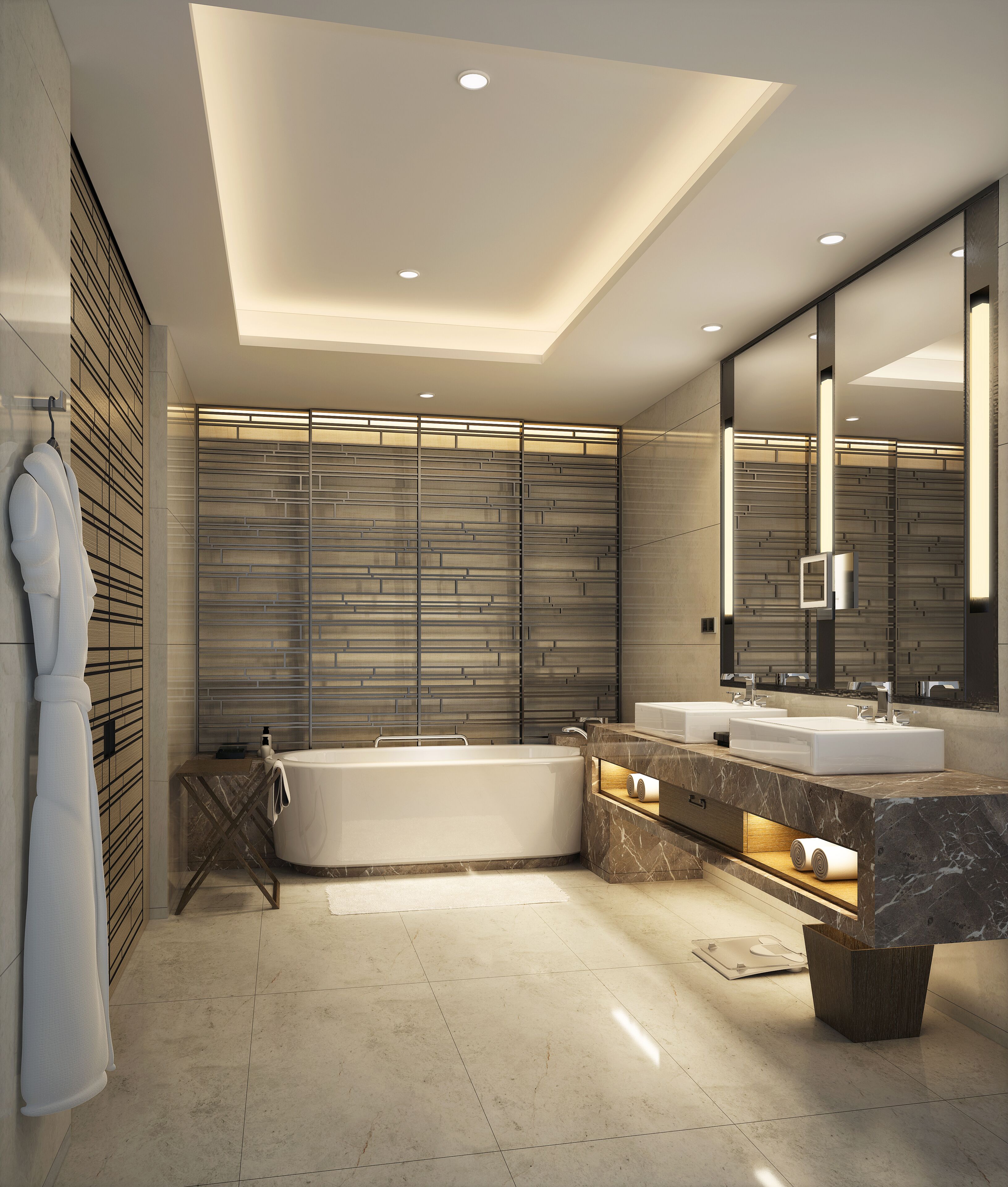 Une salle de bain moderne dotée d’une grande baignoire, de deux lavabos et d’une douche à l’italienne.