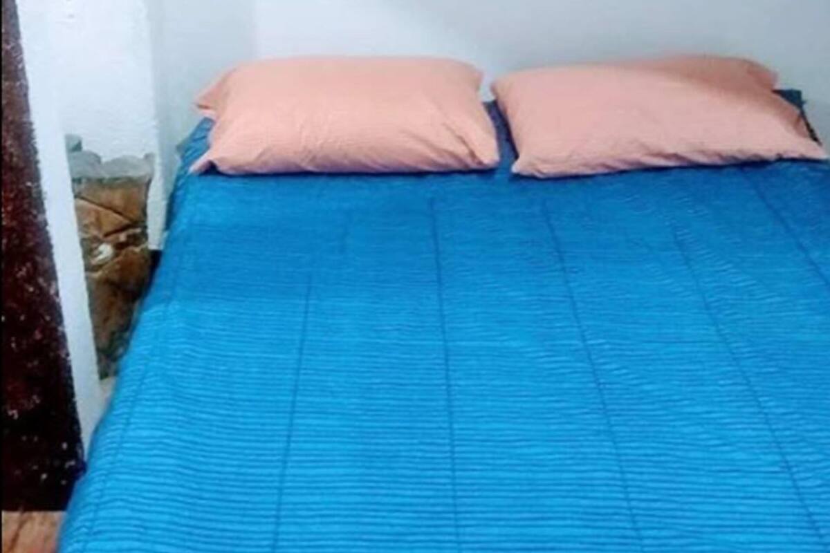 A bed with a blue bedspread and two pink pillows in a room with white walls.