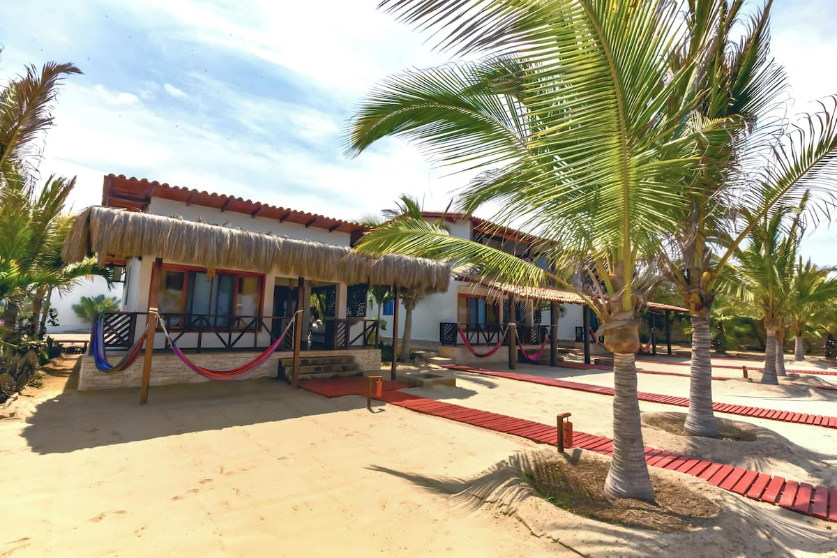 A beachside building with a thatched roof, palm trees, and a red pathway.