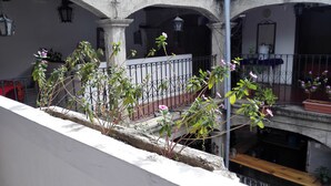 A courtyard with a stone fountain, potted plants, and a wrought iron fence.