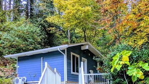 A small blue cabin with a white railing, surrounded by autumn foliage. - A private newly renovated cabin surrounded by trees (Lake Forest Park)