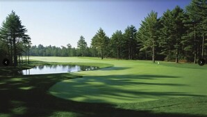 A golf course with a pond, trees, and a clear sky.