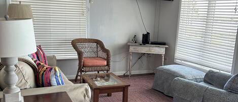 A living room with a sofa, a chair, a coffee table, a lamp, a TV, and an air conditioning unit.