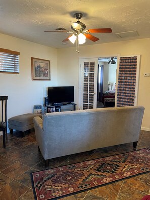 Smart TV, DVD player, books, video library