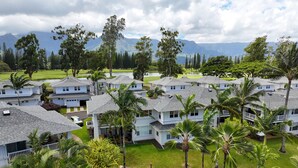 A residential area with multiple houses, some with balconies, surrounded by lush greenery and palm trees. - Gorgeous, 3 private suites. Balcony View, Pool, Fitness Center! (Princeville)