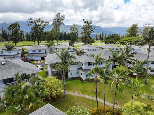 A residential area with multiple houses, some with balconies, surrounded by lush greenery and palm trees.