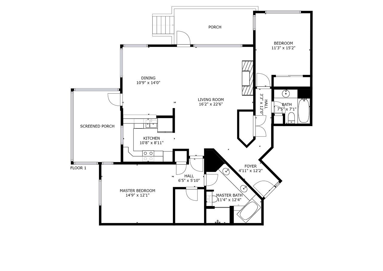 Plano de planta con dormitorio (3.4 m x 4.6 m), comedor (3.3 m x 4.3 m), sala de estar (4.9 m x 6.8 m), cocina (3.2 m x 2.5 m), porche cubierto, recibidor (1.4 m x 3.7 m), dormitorio principal (4.5 m x 3.7 m), baño principal (3.4 m x 3.7 m) y un baño (2.2 m x 2.1 m).