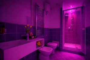 Shower, eco-friendly toiletries, hair dryer, slippers