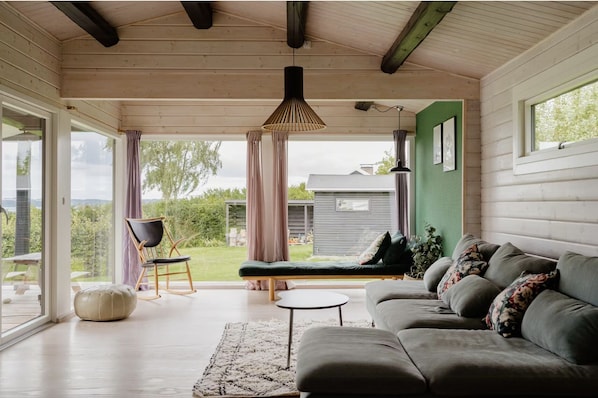 Smart TV, fireplace, books, stereo