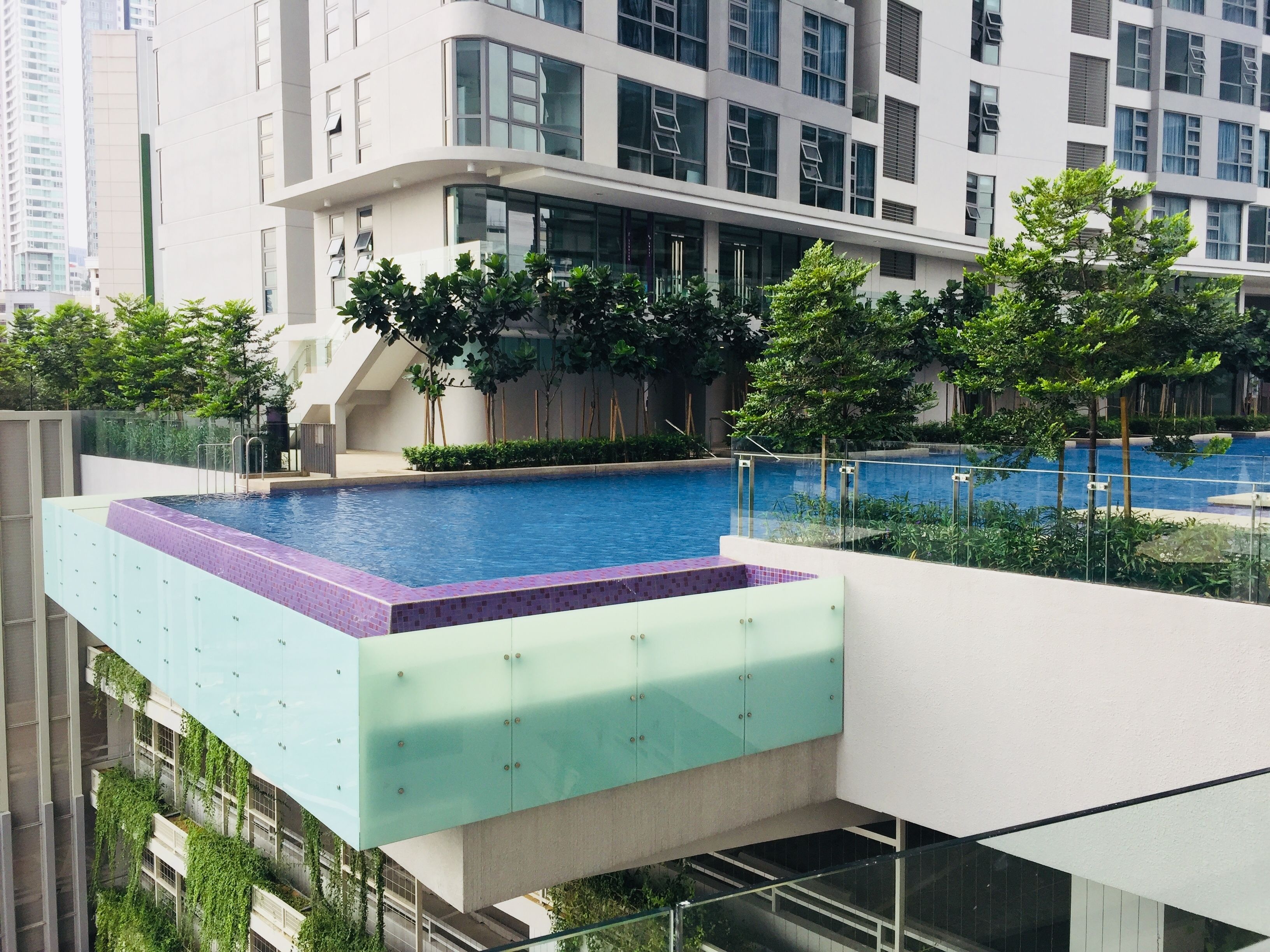Piscina en la azotea con barandilla de vidrio, rodeada de vegetación y edificios modernos.