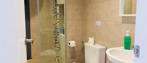 A bathroom with a glass-enclosed shower, a toilet, and a sink.
