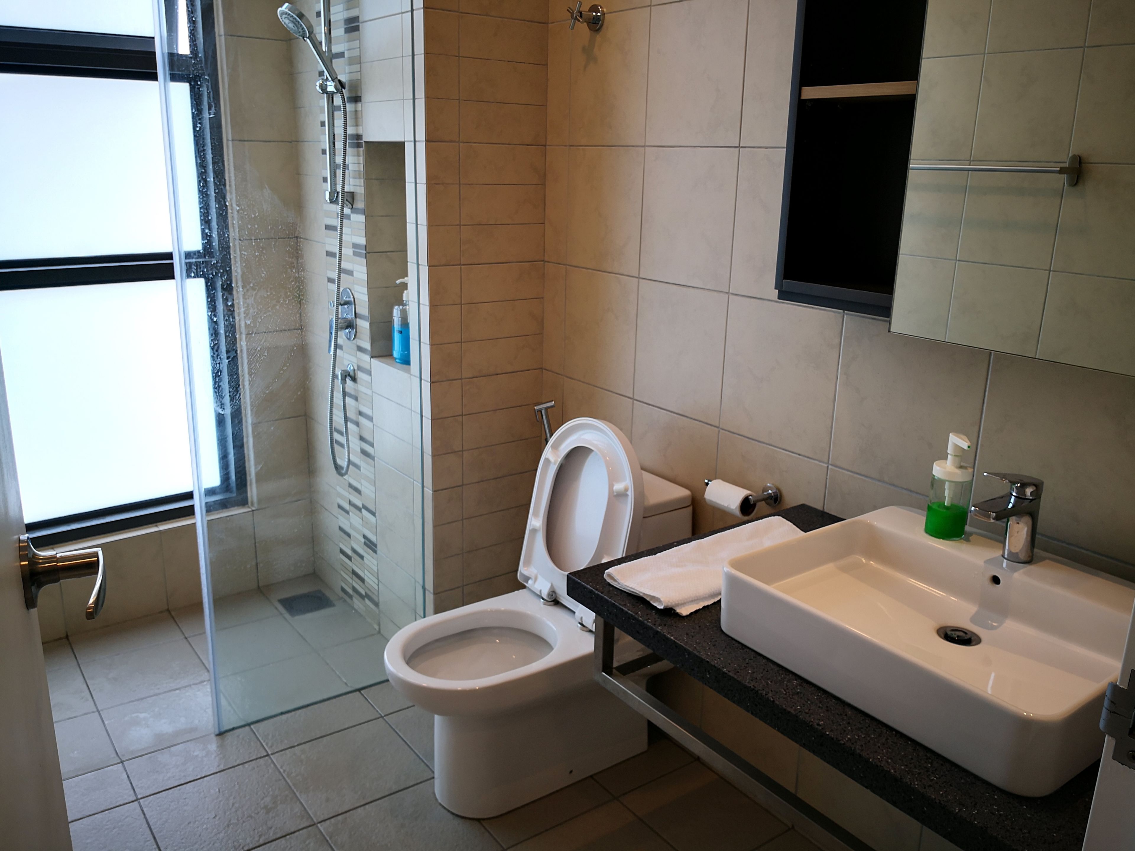 Une salle de bain moderne équipée de toilettes, d’un lavabo et d’une douche.