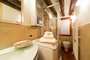Shower, hair dryer, bidet, towels