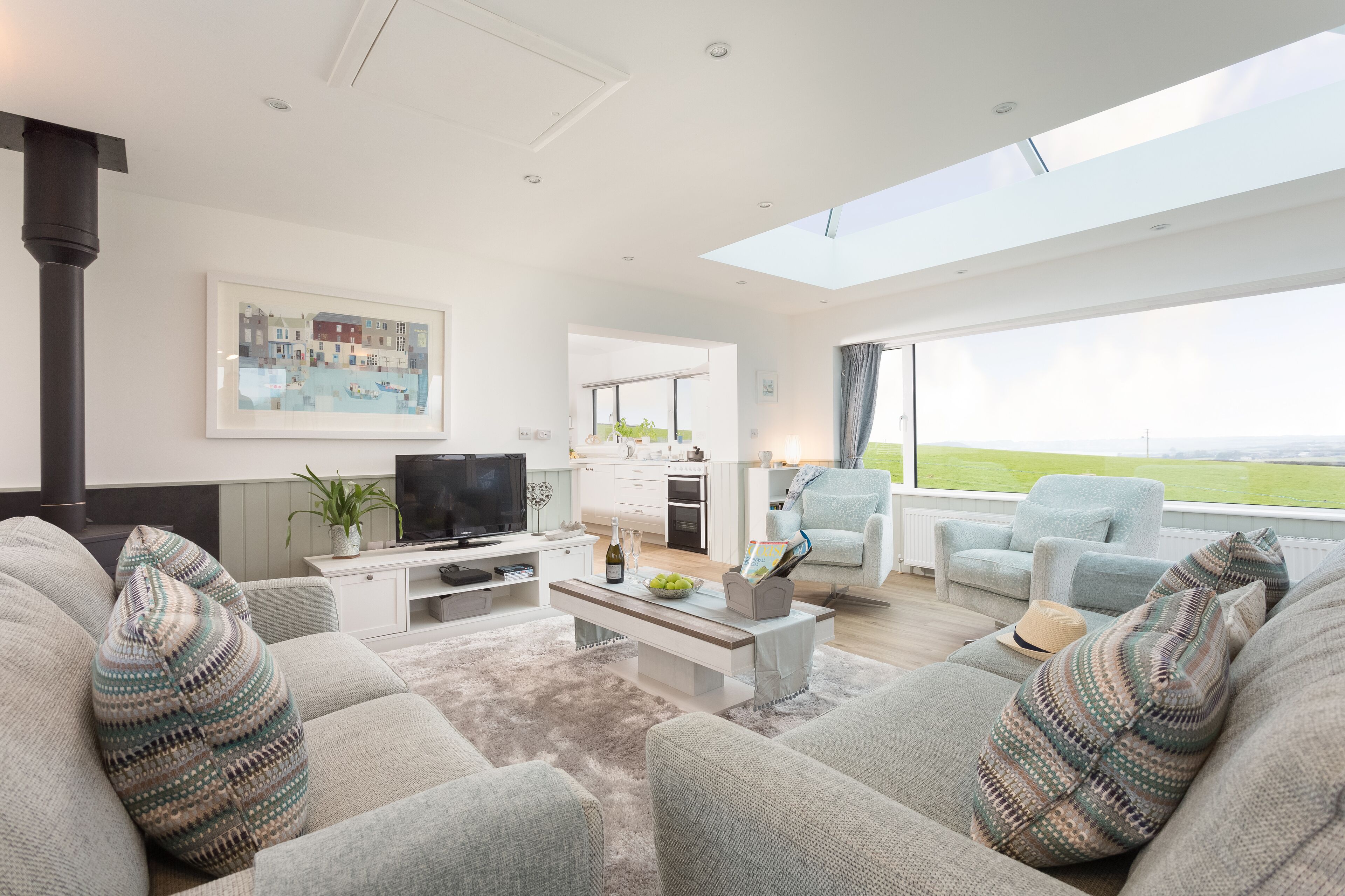 Smart TV, chimenea, reproductor de DVD y libros 