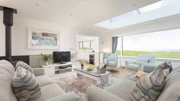 Smart TV, fireplace, DVD player, books